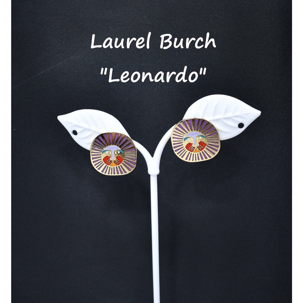 Laurel Burch "Leonardo" Post Earrings, Gold Plated Enamel Lions, 1980s Vintage